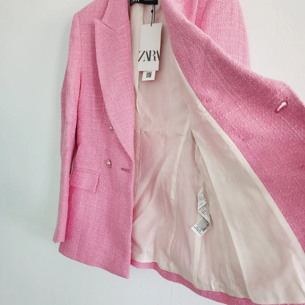 Zara Pink Double Breasted Textured Blazer Jacket  Size XS - Picture 7 of 14